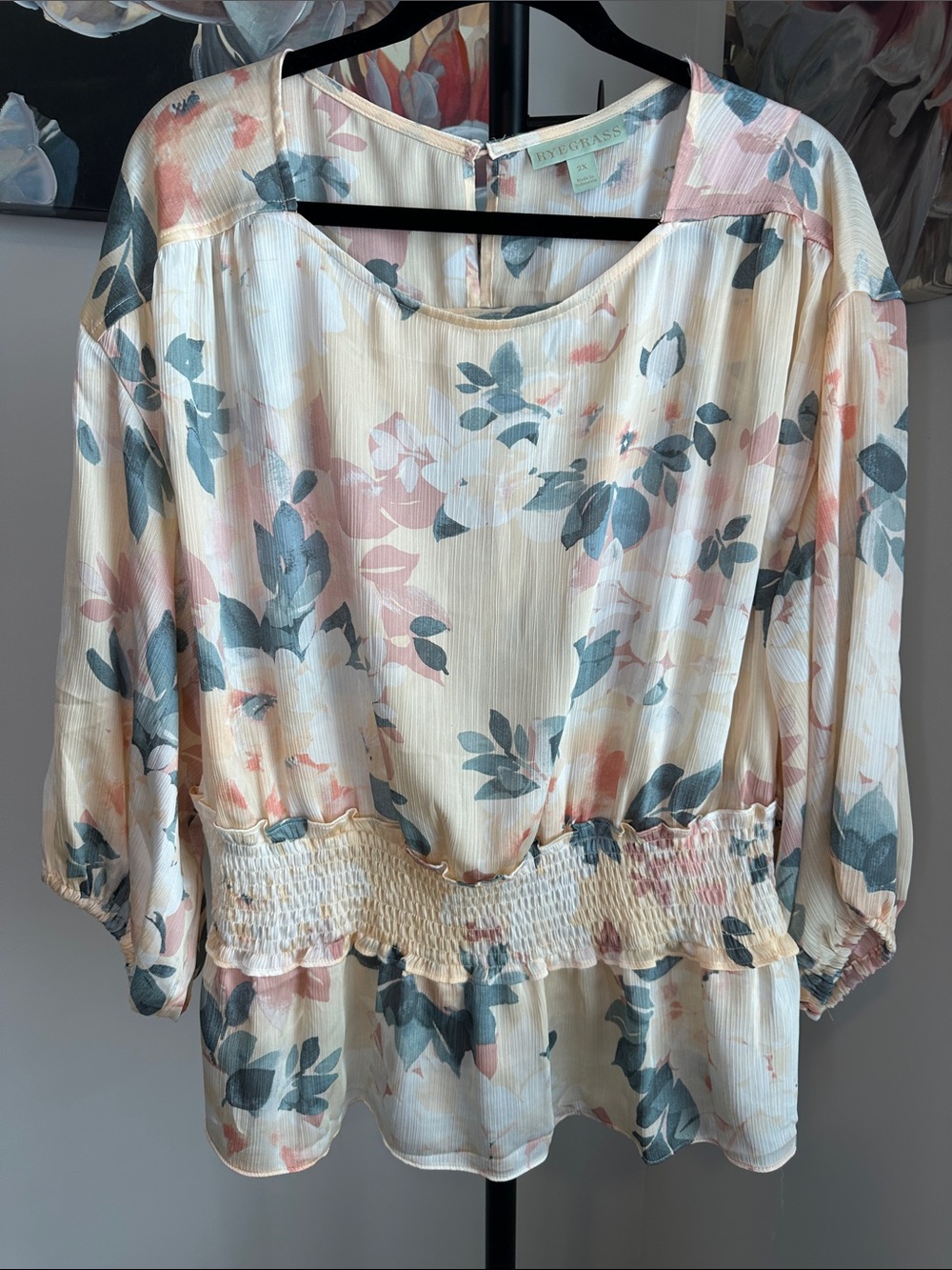Ryegrass Floral Smocked-Waist Blouse